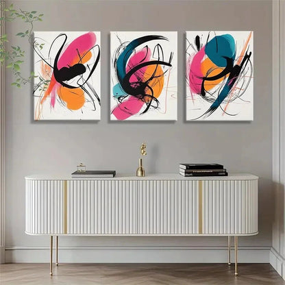 3pcs Colorful Abstract Orange Pink and Teal Metal Print Ready to Hang Art