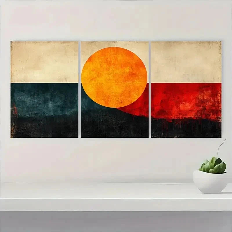 3pcs Featuring Orange Circle & Geometric Patterns Metal Print Ready to Hang Art