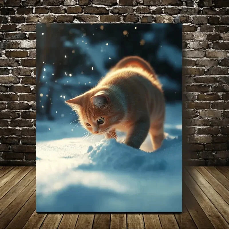 Beautiful Magical Cat On The Snow Painting 40x60cm Metal Print Ready to Hang