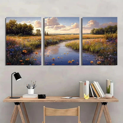 3pcs Dewy Meadow Gouache Peaceful Pastel Perfect Wall Art Set Canvas Framed 40x60cm - High Quality Print 100% Australian Made Wall Canvas Ready to Hang
