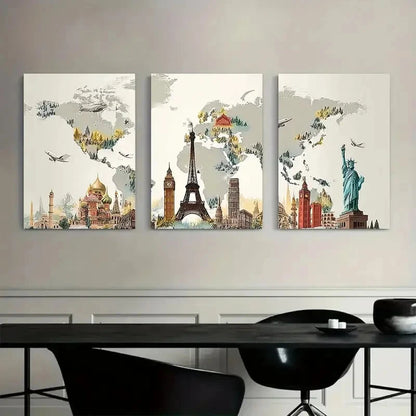 3pcs World Map with Famous Landmarks Painting Metal Print Ready to Hang Art