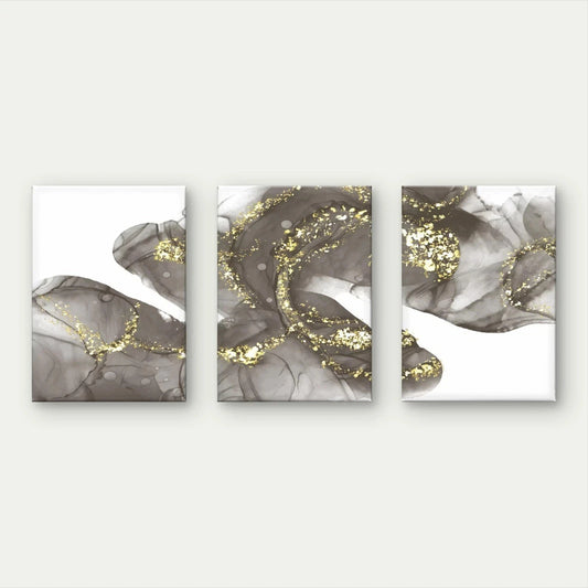 3pcs Black , Grey and Gold Fluid Marble Abstract Wall Art Set Canvas Framed 40x60cm - High Quality Print 100% Australian Made Wall Canvas Ready to Hang