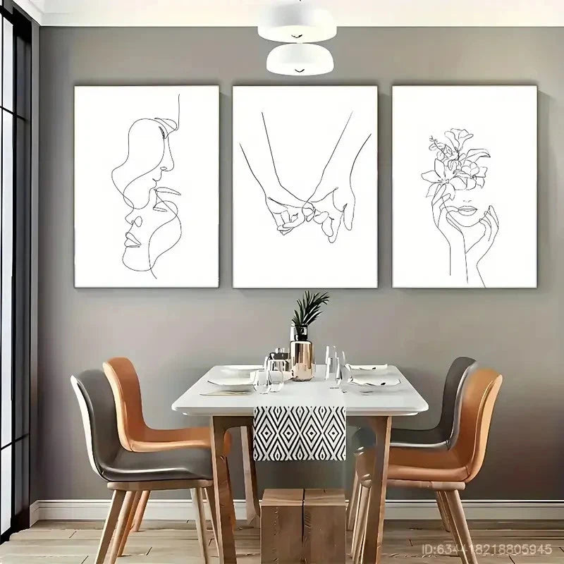 3pcs Minimalist Style Kiss Woman with Flowers Metal Print Ready to Hang Art
