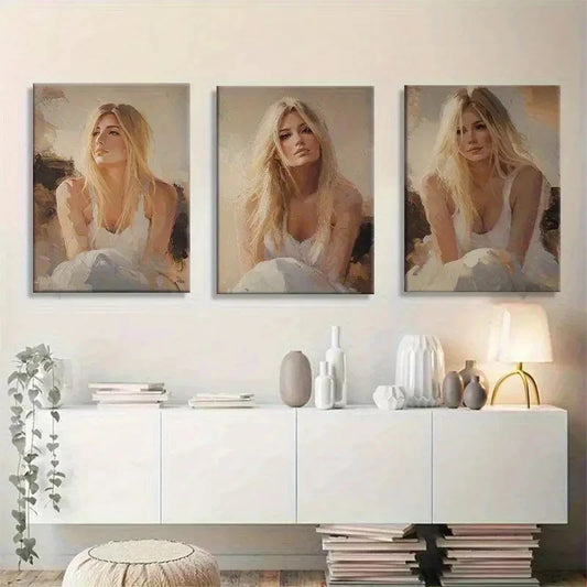3pcs Blonde Woman in White Dress Seated Portrait Metal Print Ready to Hang Art