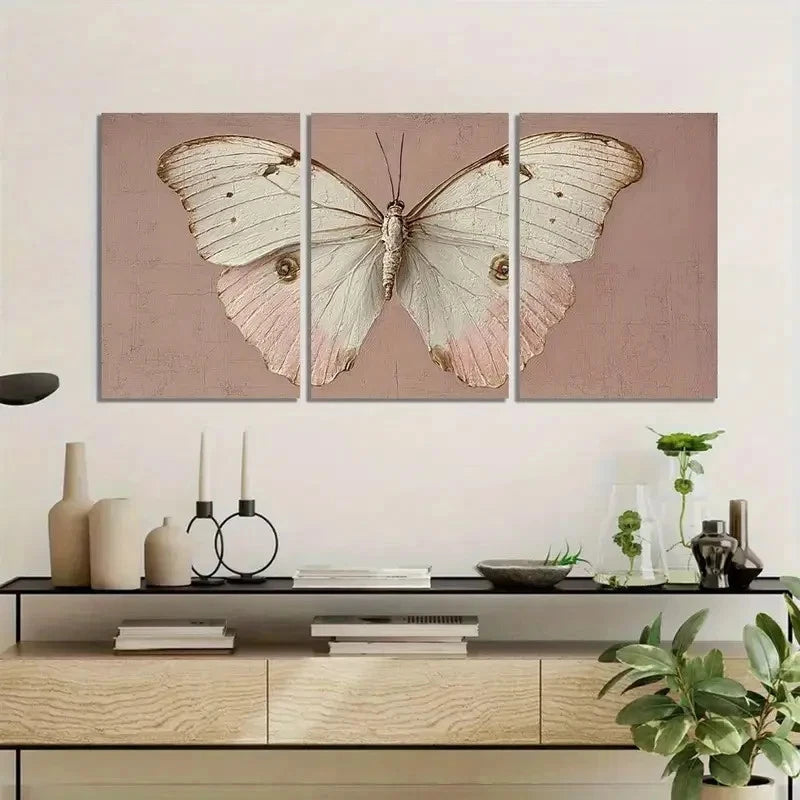 3pcs White Butterfly with Pale Pink Wings Metal Print Ready to Hang Art