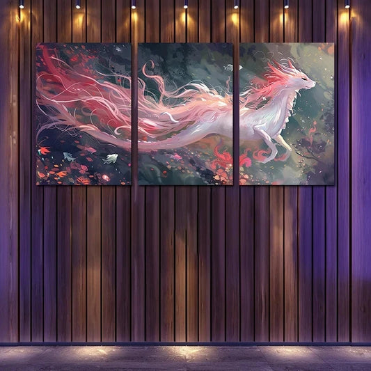 3pcs Pink-Haired Dragon Illustration Metal Print Ready to Hang Art