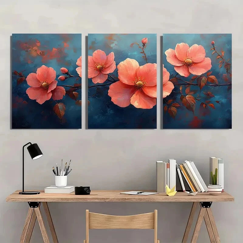 3pcs Elegant Pink Rose Flower Design Metal Print Ready to Hang Art