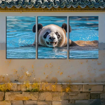 3pcs Vibrant Swimming Panda Illustration Metal Print Ready to Hang Art