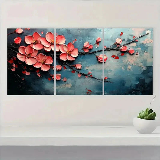 3pcs Pink Floral Oil Painting with Abstract Metal Print Ready to Hang Art