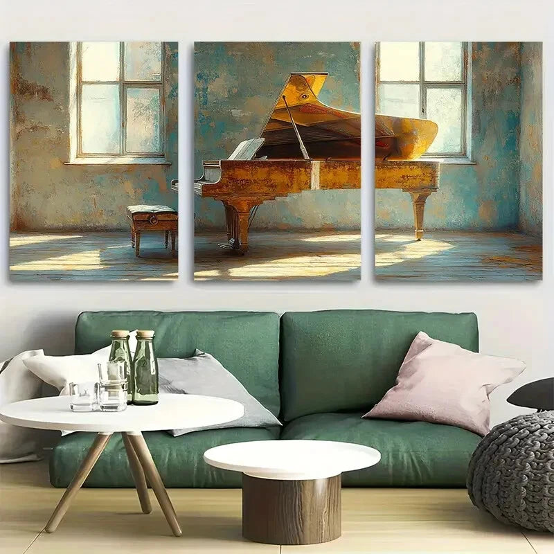 3pcs Grand Piano in Sunlit Room Metal Print Ready to Hang Art
