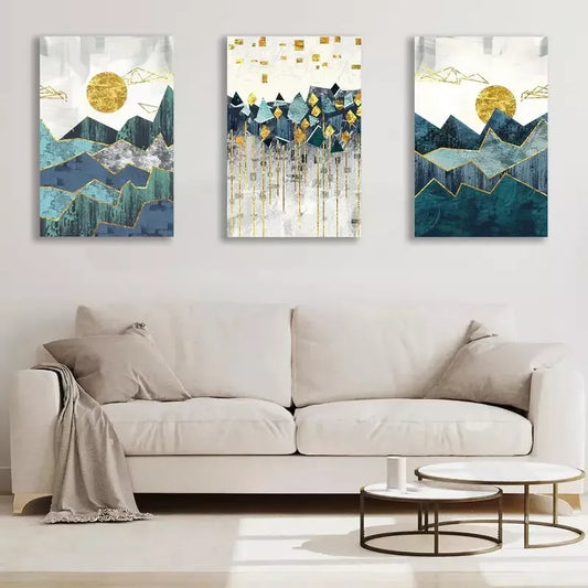 3pcs Abstract Painting Golden Sun Geometric Mountain Canvas Framed 40x60cm - High Quality Print 100% Australian Made Wall Canvas Ready to Hang