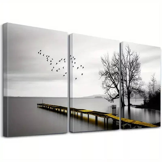 3pcs Black And White Lakeside Wooden Walkway Art Set Canvas Framed 50x70cm - High Quality Print 100% Australian Made Wall Canvas Ready to Hang