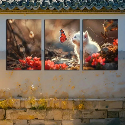 3pcs Adorable White Kitten with Butterfly Metal Print Ready to Hang Art