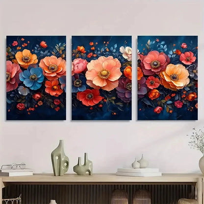3pcs Vibrant Floral Rich Color Palette Textured Metal Print Ready to Hang Art