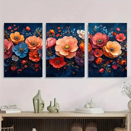 3pcs Vibrant Floral Rich Color Palette Textured Metal Print Ready to Hang Art