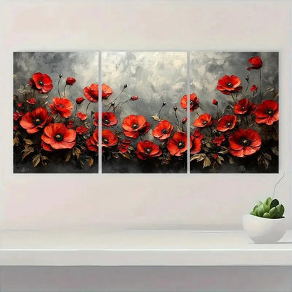 3pcs Red Poppies And Roses On A Gray Background Metal Print Ready to Hang Art