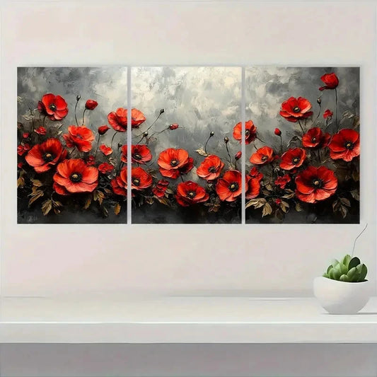 3pcs Red Poppies And Roses On A Gray Background Metal Print Ready to Hang Art