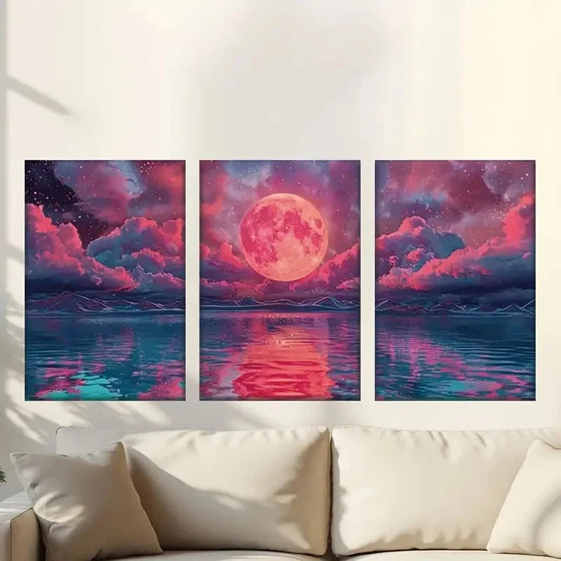 3pcs Full Moon Water Surface Metal Print Ready to Hang Art
