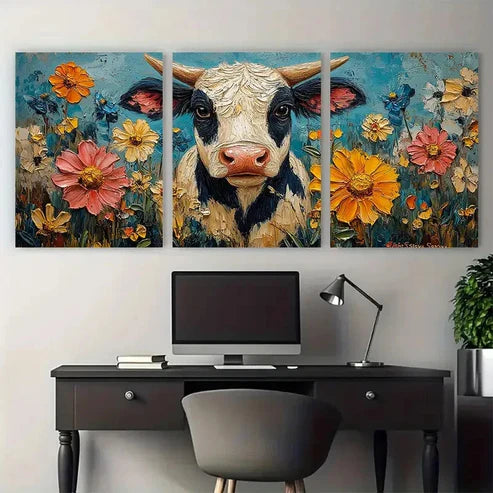 3pcs Cow Farm Animals with Florals Illustration Wall Art Canvas Unframed - High Quality Print 100% Australian Made Wall Canvas