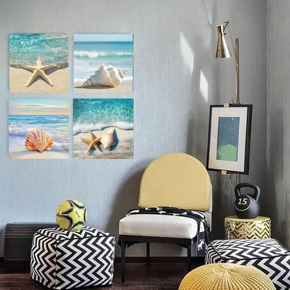 4pcs Seashells, Starfish & Ocean Waves Wall Art Canvas Framed