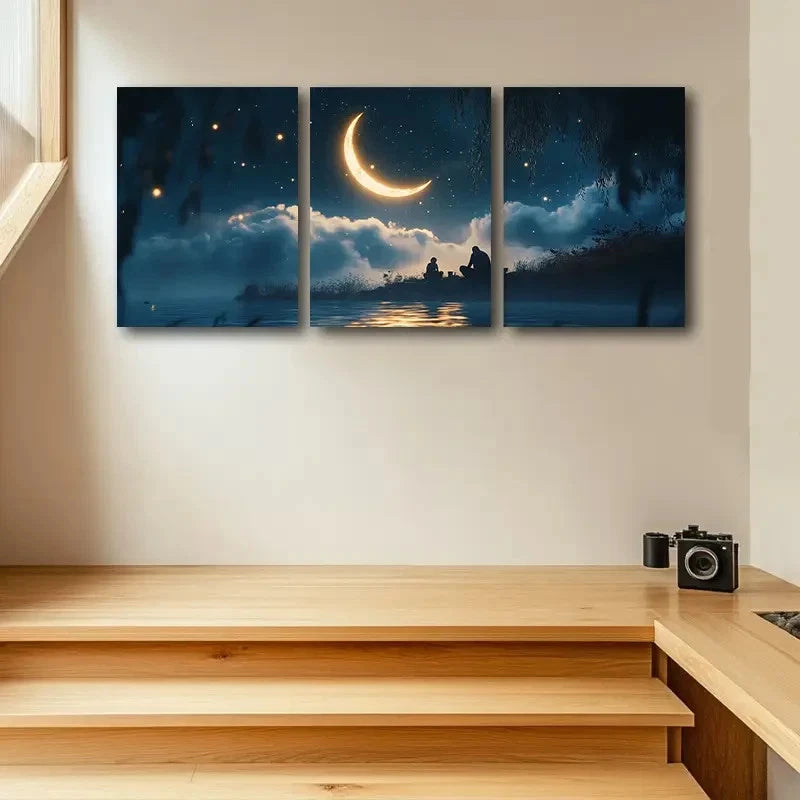 3pcs Crescent Moon Nighttime Scene with Starry Sky Metal Print Ready to Hang Art