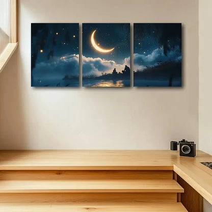 3pcs Crescent Moon Nighttime Scene with Starry Sky Metal Print Ready to Hang Art