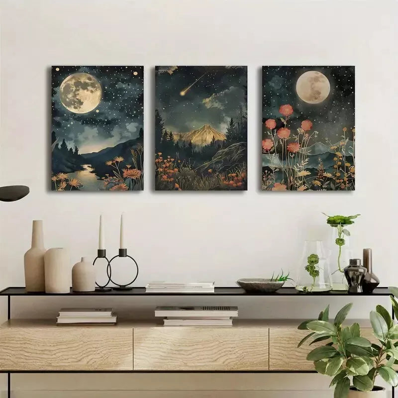 3pcs Moon & Wildflowers Mountain Canvas Framed 40x60cm - High Quality Print 100% Australian Made Wall Canvas Ready to Hang