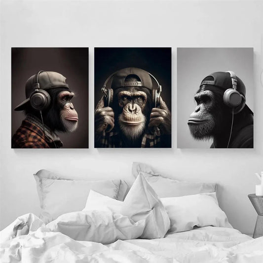 3pcs Monkey Headphones & Turban Metal Print Ready to Hang Art