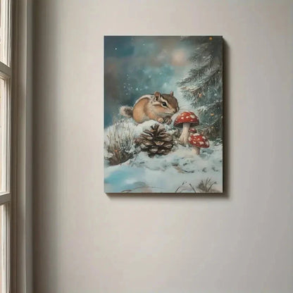 Canvas print of a squirrel and mushrooms in a snowy forest scene on a wall.