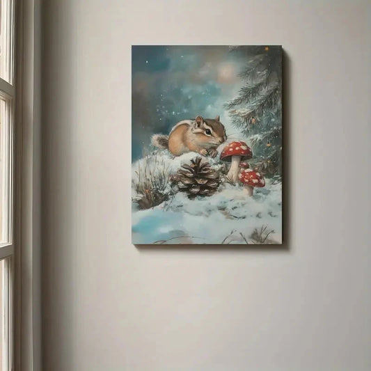 Canvas print of a squirrel and mushrooms in a snowy forest scene on a wall.