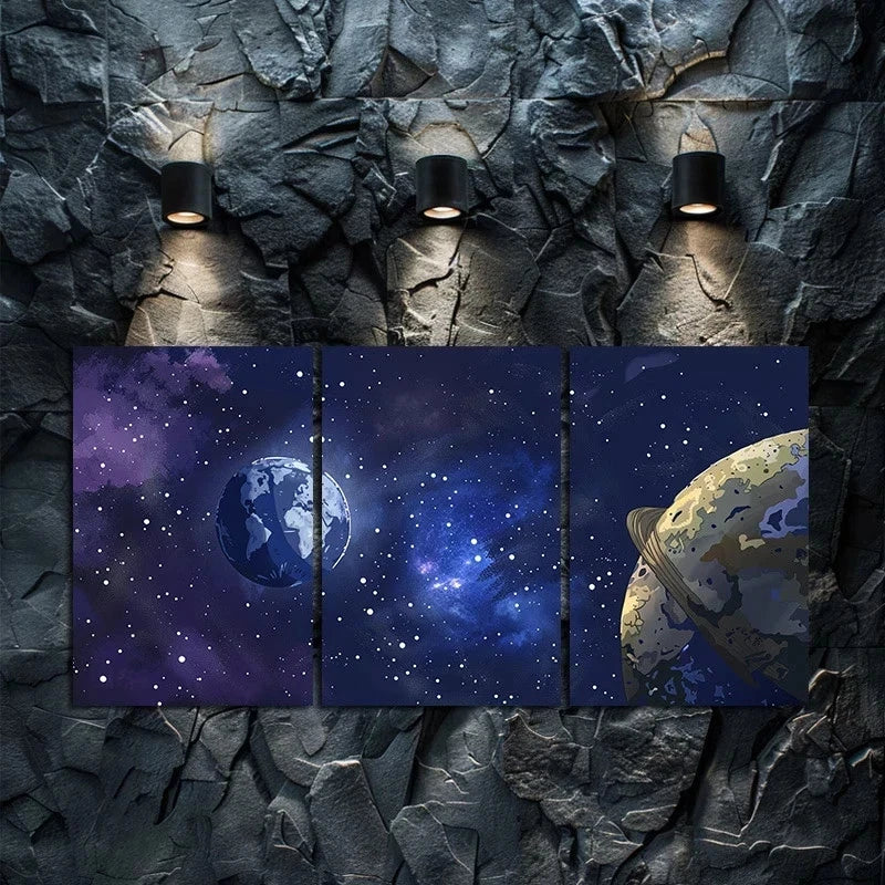 3pcs Earth and Moon in Space Metal Print Ready to Hang Art
