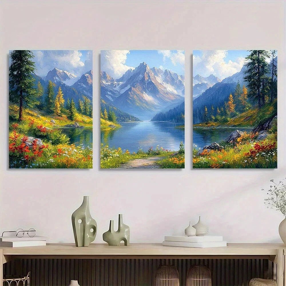 3pcs Mountain Lake Greenery & Vibrant Wildflowers Metal Print Ready to Hang Art