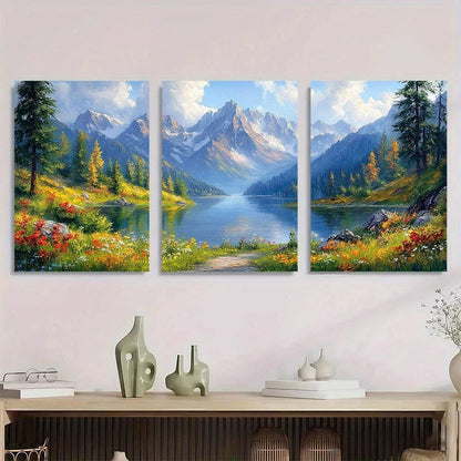 3pcs Mountain Lake Greenery & Vibrant Wildflowers Metal Print Ready to Hang Art