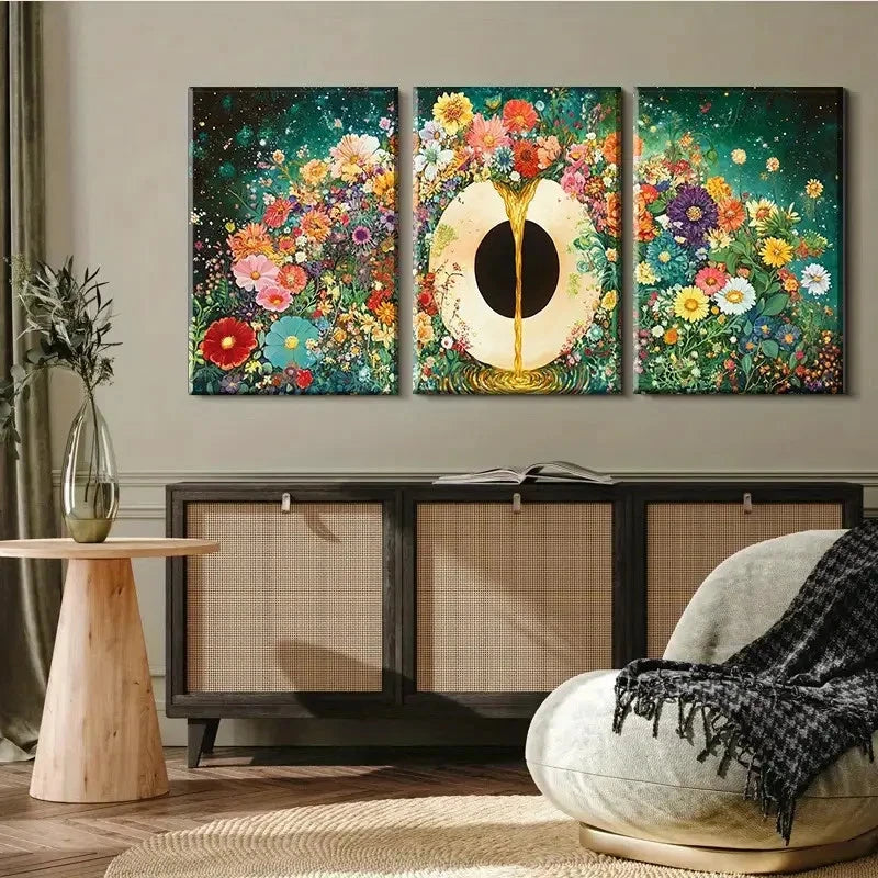 3pcs Vibrant Surreal Floral and Golden Gate Metal Print Ready to Hang Art