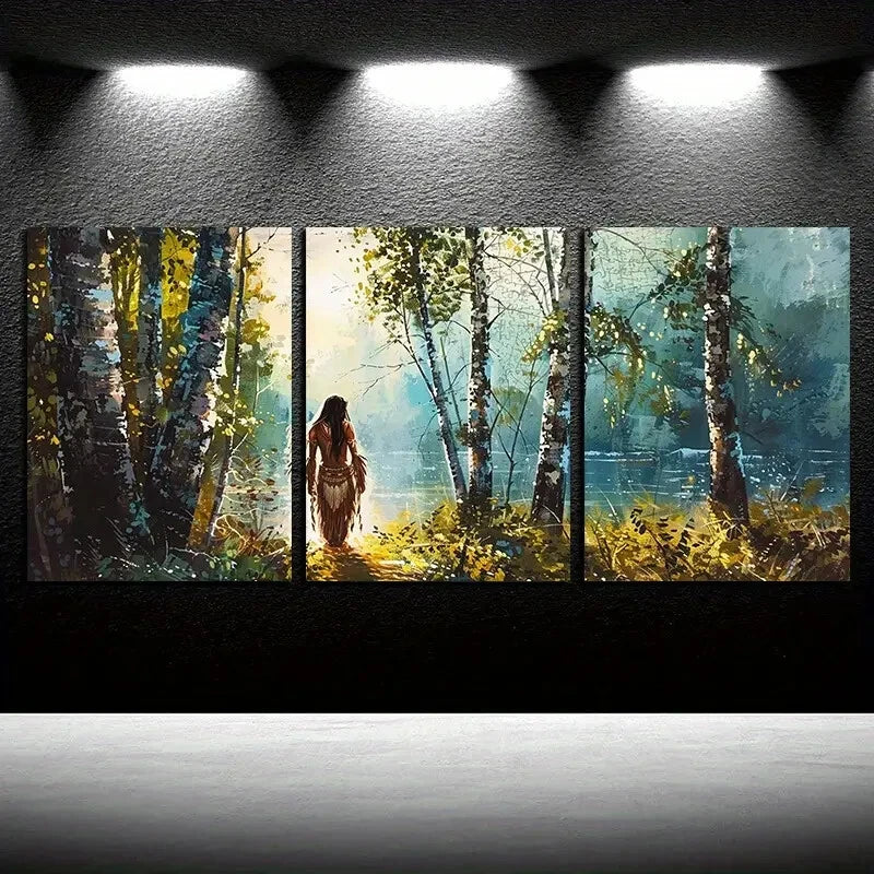 3pcs Nature with Lake and Tribe Illustration Metal Print Ready to Hang Art