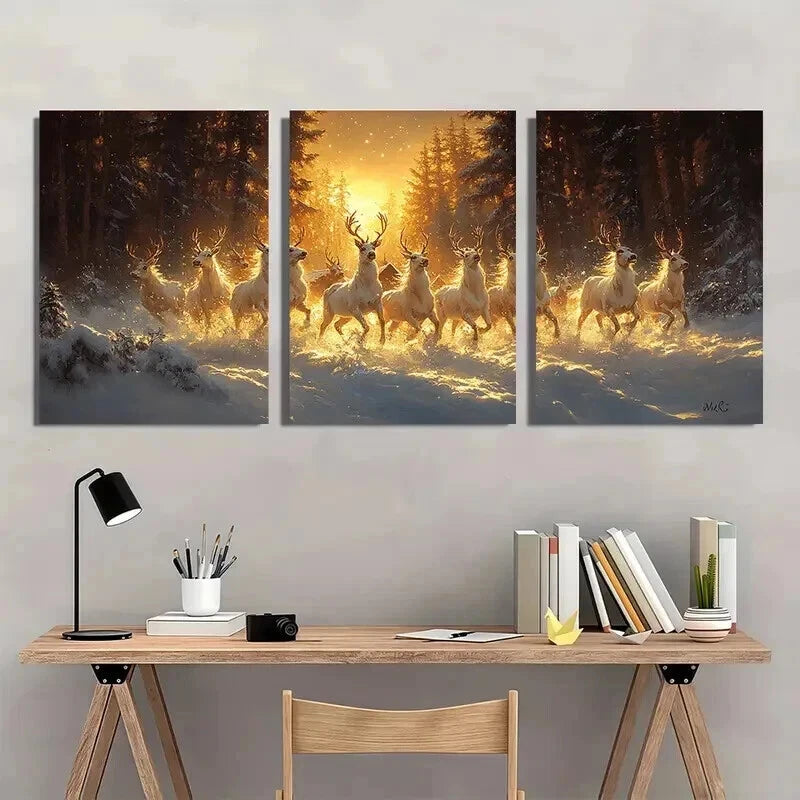 3pcs Charming Winter Village with Snow Deer Wall Art Set Canvas Framed 40x60cm - High Quality Print 100% Australian Made Wall Canvas Ready to Hang