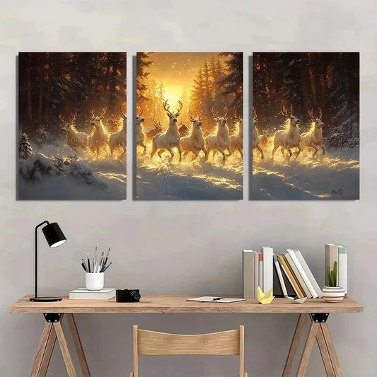 3pcs Charming Winter Village with Snow Deer Wall Art Set Canvas Framed 40x60cm - High Quality Print 100% Australian Made Wall Canvas Ready to Hang