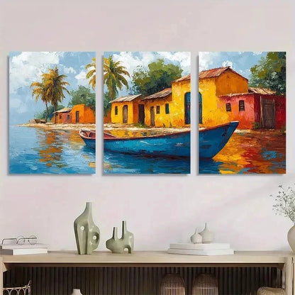 3pcs Village Landscape Impasto Perfect Wall Art Set Canvas Framed 40x60cm - High Quality Print 100% Australian Made Wall Canvas Ready to Hang