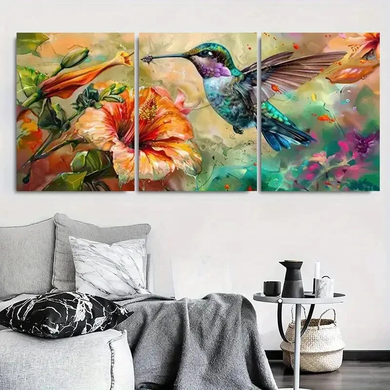 3pcs Colorful Hummingbirds with Hibiscus Flowers Metal Print Ready to Hang Art