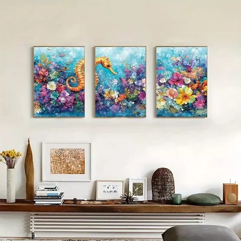 3pcs Seahorse in Ocean Triptych Canvas Framed 60x90cm - High Quality Print 100% Australian Made Wall Canvas Ready to Hang