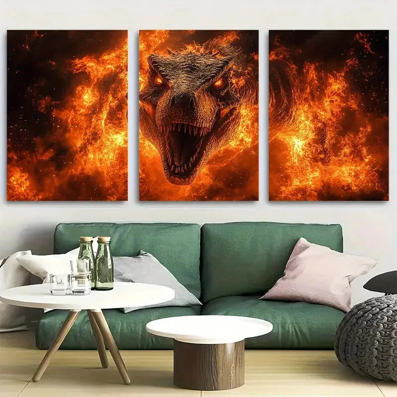 3pcs Tyrannosaurus Rex in Flames Metal Print Ready to Hang Art