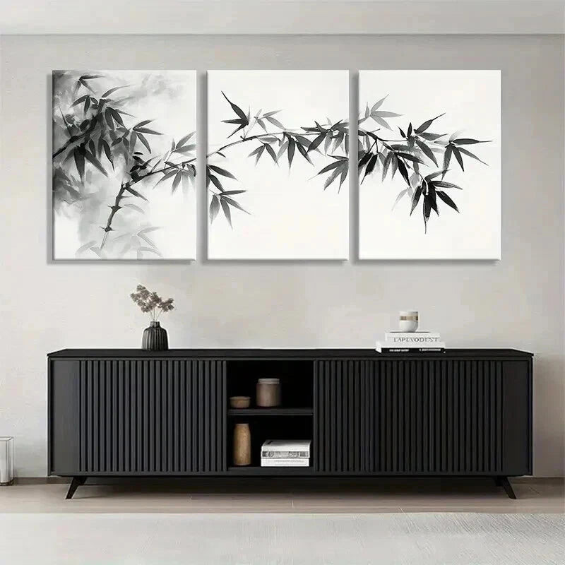 3pcs Bamboo Branch Black and White Perfect Wall Art Set Canvas Framed 40x60cm - High Quality Print 100% Australian Made Wall Canvas Ready to Hang