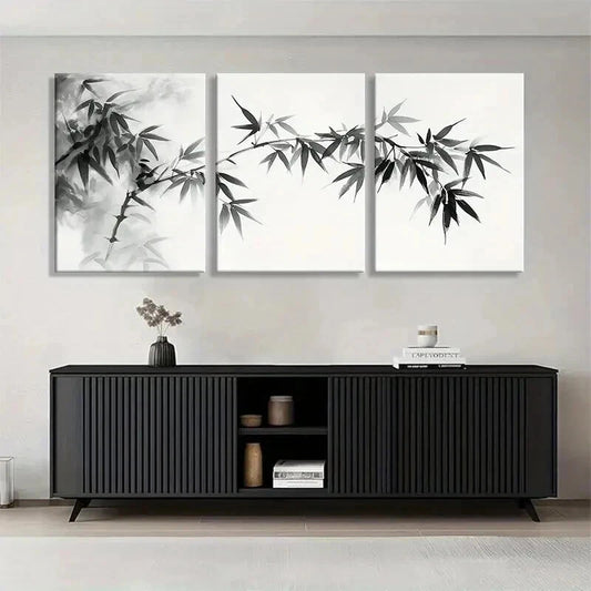 3pcs Bamboo Branch Black and White Perfect Wall Art Set Canvas Framed 40x60cm - High Quality Print 100% Australian Made Wall Canvas Ready to Hang
