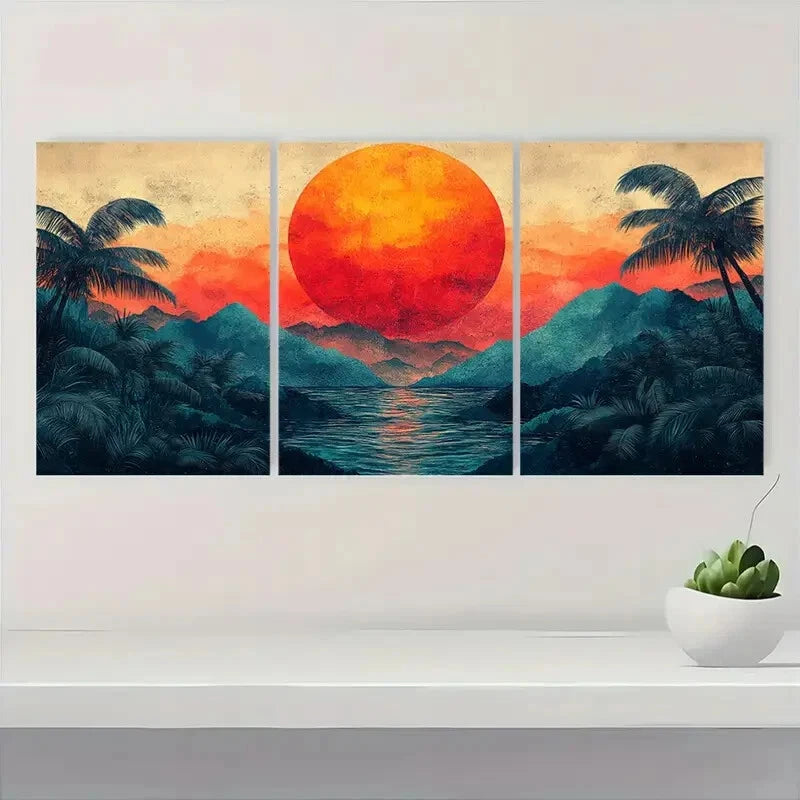 3pcs Vibrant Abstract Palm Leaf & Mountain Scenery Metal Print Ready to Hang Art