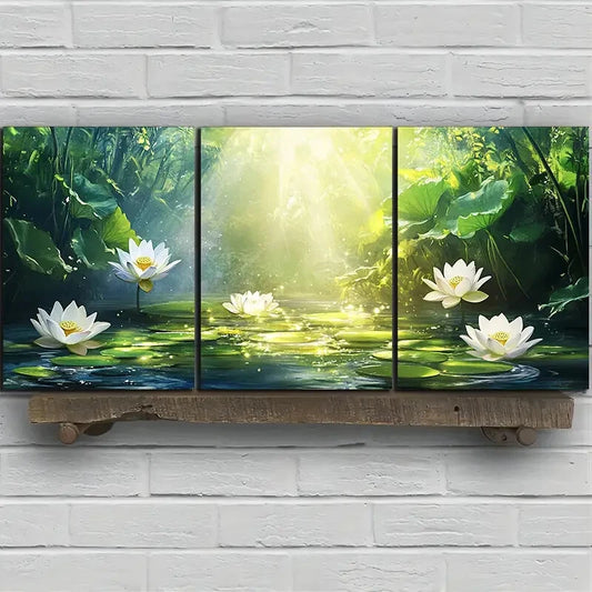 3pcs Lotus And Lotus Leaves in The Water Metal Print Ready to Hang Art