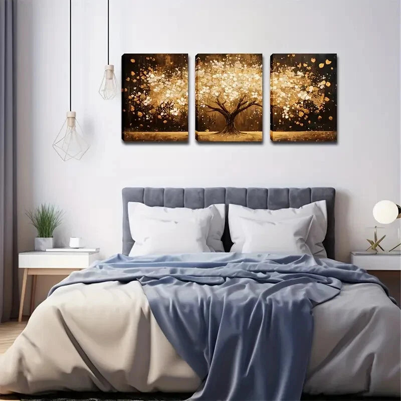 3pcs Elegant Tree With White And Golden Perfect Wall Art Set Canvas Framed 40x60cm - High Quality Print 100% Australian Made Wall Canvas Ready to Hang