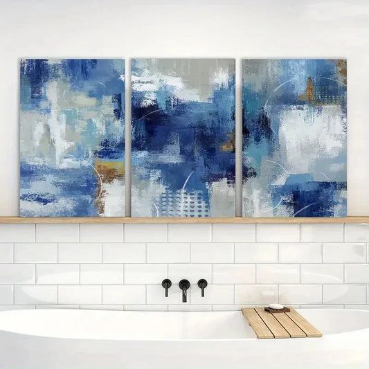 3pcs Abstract Painting Blue and White Wall Art Metal Print Ready to Hang Art
