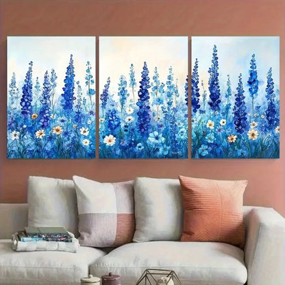 3pcs Blue Abstract Watercolor Floral Meadow Metal Print Ready to Hang Art