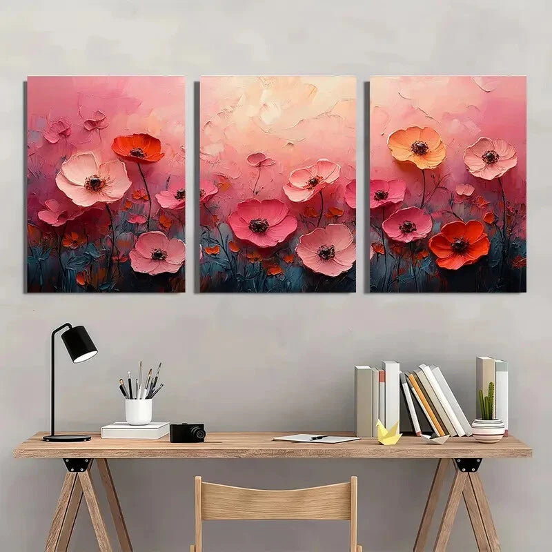 3pcs Floral Textured Abstract Oil Paintings Metal Print Ready to Hang Art