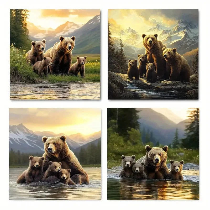4pcs Bears by a River in a Forest at Sunset Wall Art Canvas Unframed/Framed